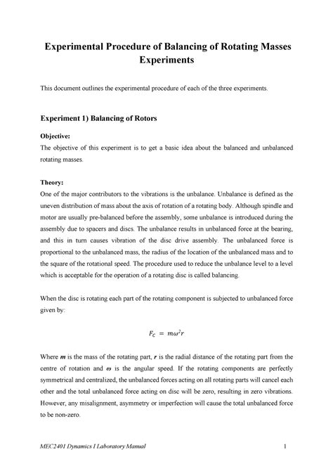 Dynamics Lab Manual - Experimental Procedure of Balancing of Rotating …