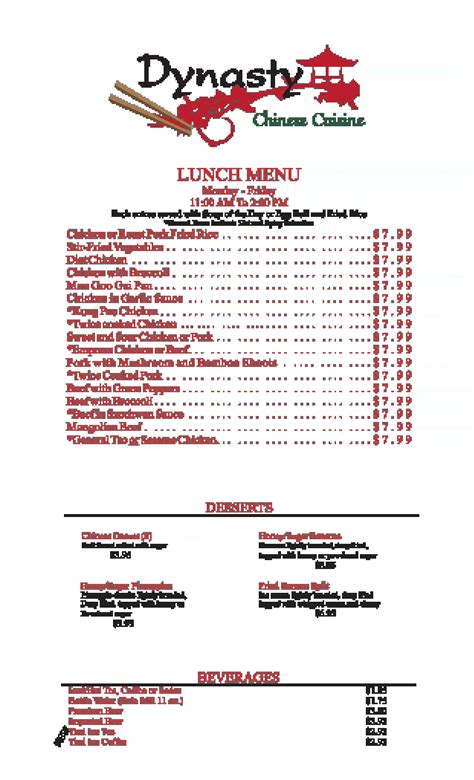 Dynasty Chinese Cuisine menu in Miramar Beach, Florida, USA