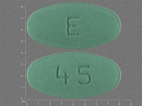 E 45 green oval pill. Enter the imprint code that appears on the pill. Example: L484; Select the the pill color (optional). Select the shape (optional). Alternatively, search by drug name or NDC code using the fields above. Tip: Search for the imprint first, then refine by color and/or shape if you have too many results. 