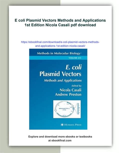 E Coli Plasmid Vectors Methods And Applications 1st Edition