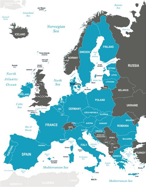 E u countries map. Europe on a World Wall Map: Europe is one of 7 continents illustrated on our Blue Ocean Laminated Map of the World. This map shows a combination of political and physical features. It includes country boundaries, major cities, major mountains in shaded relief, ocean depth in blue color gradient, along with many other features. 