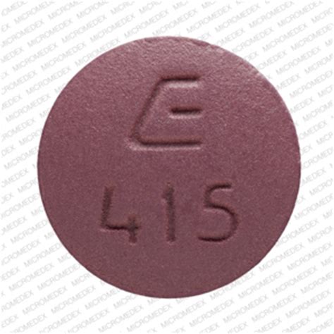 E415 purple pill. Enter the imprint code that appears on the pill. Example: L484; Select the the pill color (optional). Select the shape (optional). Alternatively, search by drug name or NDC code using the fields above. Tip: Search for the imprint first, then refine by color and/or shape if you have too many results. 