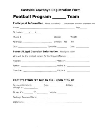 EASTSIDE COWBOYS FOOTBALL REGISTRATION FORM
