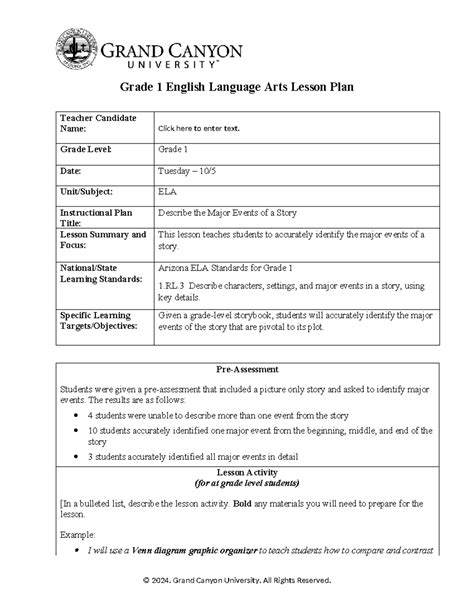ECE220ELA Lesson Plan Grade 1 English Language Arts Lesson Plan