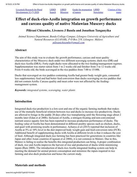 Effect of duck-rice-Azolla integration on growth performance and ... - raincitystudios.com