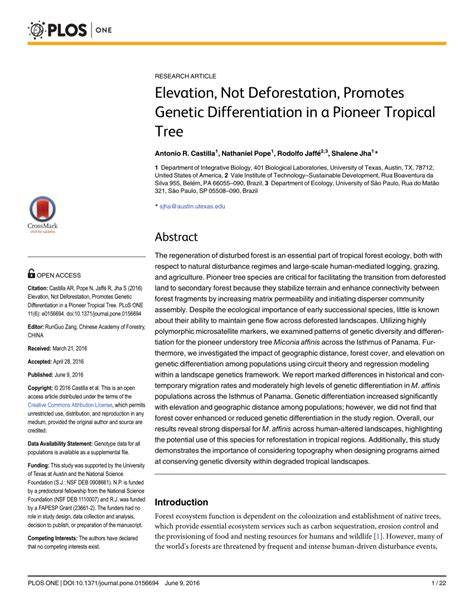 Elevation, Not Deforestation, Promotes Genetic Differentiation in a ... - raincitystudios.com