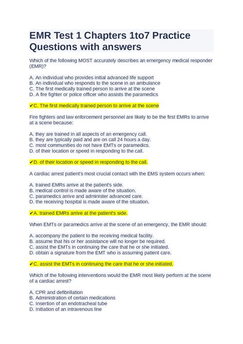 EMR Test 1 Chapters 1to7 Practice Questions with answers Exams