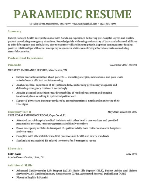 EMT Paramedic Resume Example Sourceline WordPress