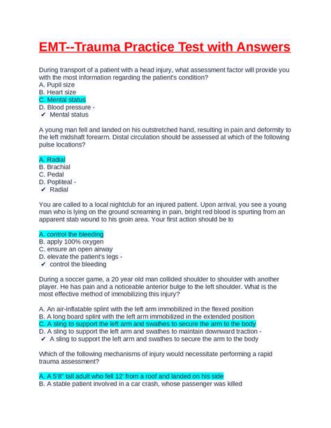 EMTTrauma Practice Test with Answers Exams Nursing Docsity