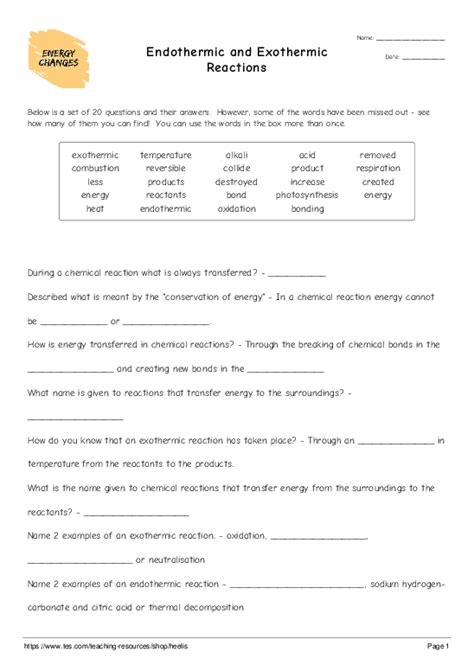 Endothermic Reactions Vs Exothermic Reactions Worksheet Form - wintechmobiles.com