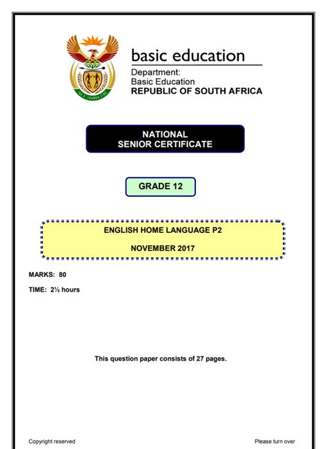 ENGLISH HOME LANGUAGE PAPER 2 GRADE 12 MEMORANDUM - NSC PAST PAPERS …