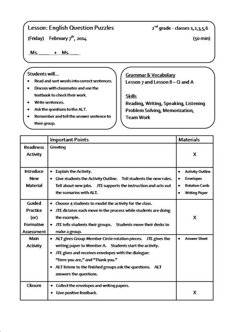 ENGLISH LESSON PLAN Lesson Plan Teaching