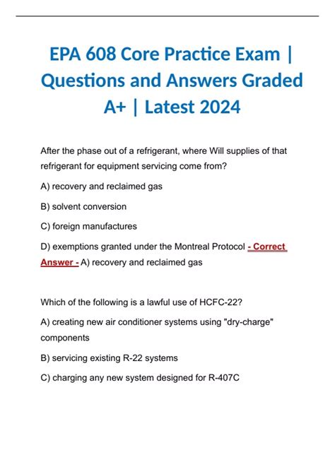 EPA 608 Core Practice Exam Questions and Answers Graded A+ Latest