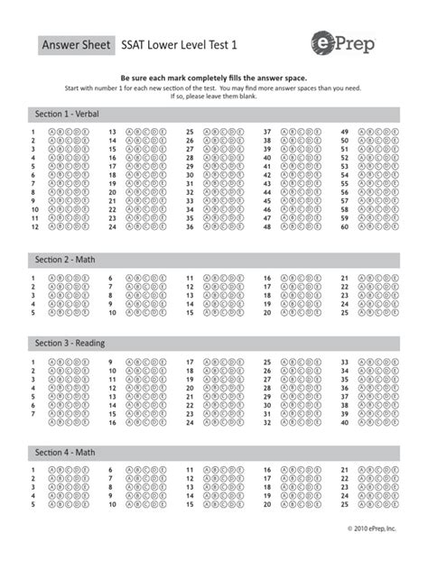 EPrep SSAT Practice Test 1 Middle Level Answer Sheet Standardized