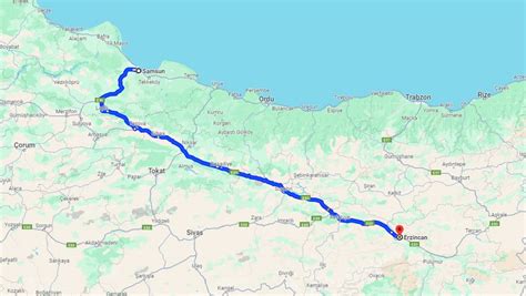 ERZİNCAN, SAMSUN arası 446 km'lik bu mesafeyi; 90 km ortalama hız ile yaklaşık olarak 4 saat 57 dakikada gidebilirsiniz.