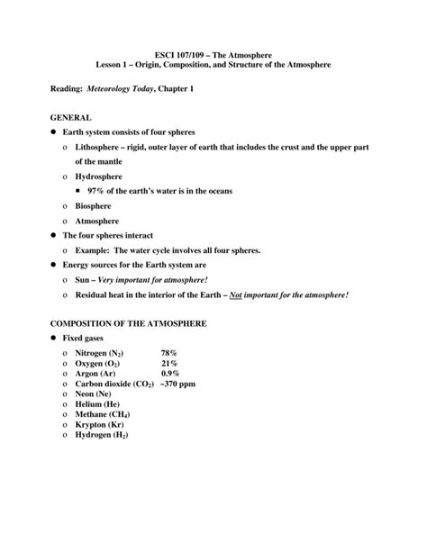 ESCI 107/109 The Atmosphere Lesson 1 Origin, Composition, …