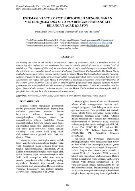 ESTIMASI VALUE AT RISK PORTOFOLIO MENGGUNAKAN METODE QUASI MONTE CARLO ... - wintechmobiles.com