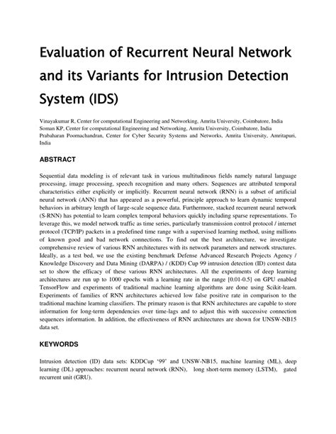 Evaluation of Recurrent Neural Network and its Variants for Intrusion ... - coolestguyplanet.net
