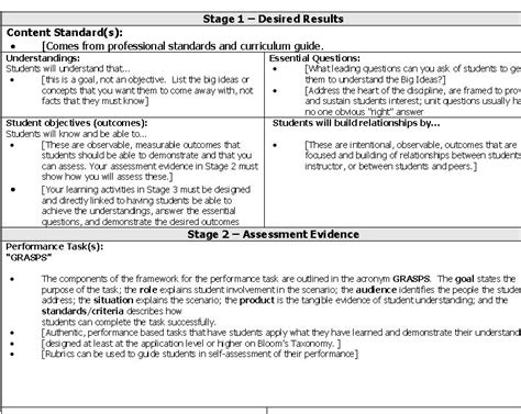 EXCEL TEMPLATES Ubd Lesson Plan Example
