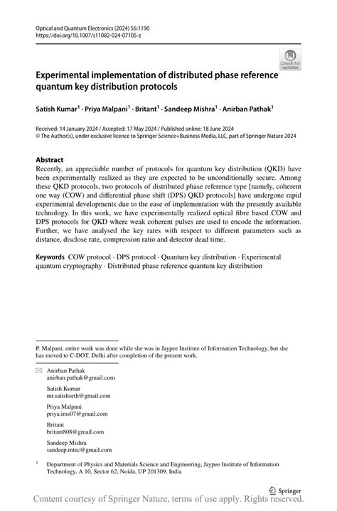 Experimental implementation of distributed phase reference quantum key ... - coolestguyplanet.net