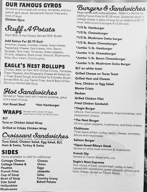 Eagle's nest family restaurant schofield menu. Things To Know About Eagle's nest family restaurant schofield menu. 