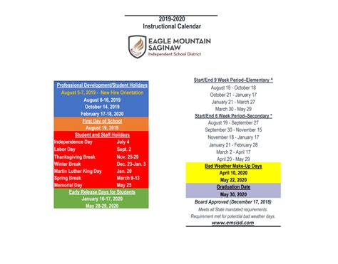 Eagle Mountain Elementary School District Instructional Calendar