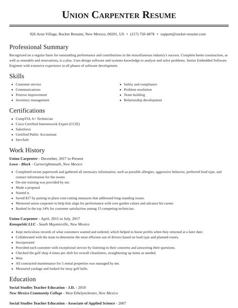 Eagle Scaffolding Union Carpenter Resume Sample - ResumeHelp