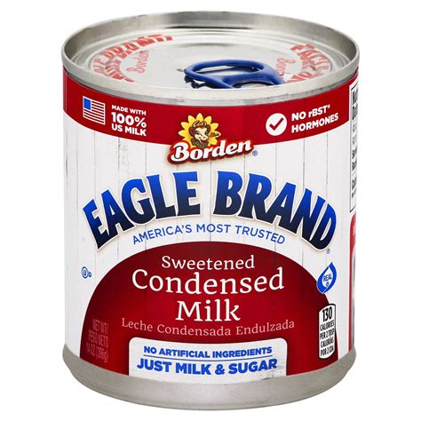 Eagle brand milk. Eagle Brand brings over 160 years of experience with the flavor and quality trusted by bakers. Its the secret ingredient to creating new traditions to share. Eagle Brand Sweetened Condensed Milk uses just milk and sugar for the perfect sweet, creamy texture. We use 100% US Milk, no rBST, and no artificial flavors. 