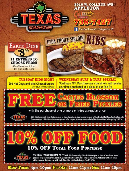 Early bird specials at texas roadhouse. Texas Roadhouse is a legendary steak restaurant serving American cuisine from the best steaks and ribs to made-from-scratch sides & fresh-baked rolls. ... Early Fine. Boneless Buffalo Wings(tossed in your choice of Mild or Hot sauce) along with Rattlesnake Bites and Tater Skins. Subscribe Fried Pickles at no additional charge. 