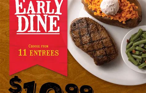 The Texas Roadhouse Early Dine deal is essentially its form of an early bird special — it offers its signature entrées for a discount, with each plate costing just $10.99. All you have to do is visit Texas Roadhouse between 3 p.m. and 6 p.m. Monday-Saturday (the deal is not available on Sundays).. 