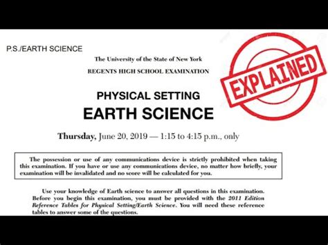 Earth science regents 2019. P.S./EARTH SCIENCE P.S./EARTH SCIENCE. The University of the State of New York REGENTS HIGH SCHOOL EXAMINATION. PHYSICAL SETTING. EARTH SCIENCE. v202. The possession or use of any communications device is strictly prohibited when taking this examination. If you have or use any communications device, no matter how brieﬂ y, your examination ... 