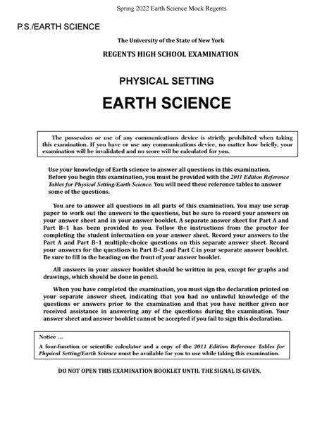 Overview: The New York State Regents Examination in Physical Setting / Earth Science consists of two components: a laboratory performance test (lab practical) and a written test. The Earth Science Performance Test (Part D) includes hands-on laboratory activities that students perform at three stations.. 