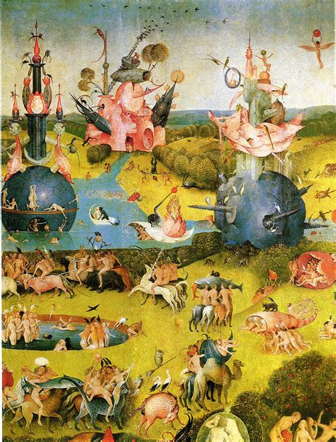 Earthly delights hieronymus bosch. Hieronymus Bosch, elusive conjurer of jewel-like panoramas in which elegantly rendered humans, birds, fish, fruits, insects, musical instruments, and odd machines co-mingle, cavort, and run amuck ... 