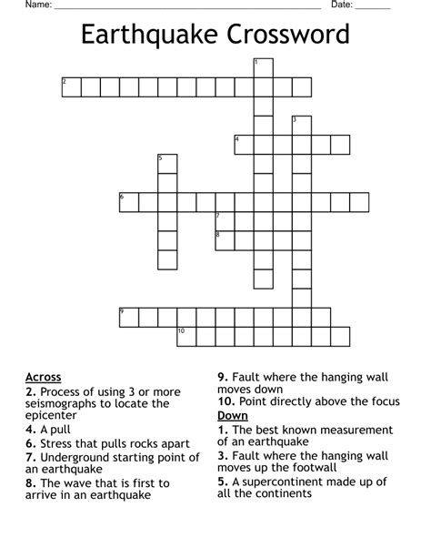Earthquake crossword clue. Find the latest crossword clues from New York Times Crosswords, LA Times Crosswords and many more. ... Slight Earthquake Crossword Clue. We found 20 possible solutions for this clue. We think the likely answer to this clue is TREMOR. You can easily improve your search by specifying the number of letters in the answer. 