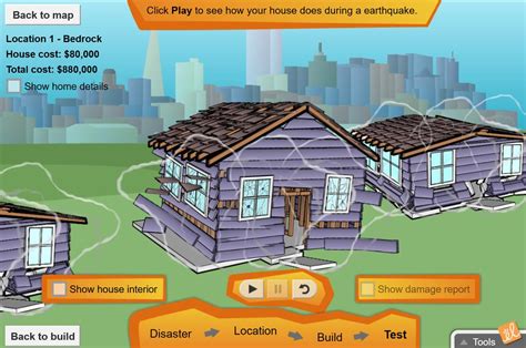 Earthquake proof homes gizmo. Design a house to withstand an earthquake and protect the people living inside. Select a location in San Francisco, then choose the design and materials for a foundation, frame, walls, and roof. Decide which extras to add to your home design. Test each house in an earthquake and assess the damages. 