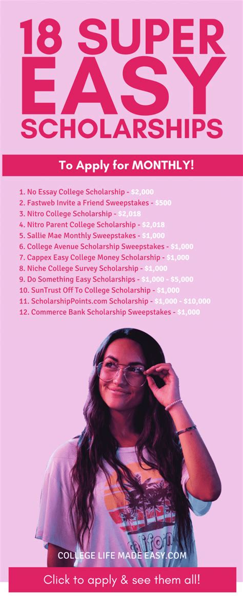 Easiest scholarships to get. The award ranges from $2,000 to $10,000, and you’ll need to first apply at the local level through one of the organization’s 34 chapters to qualify. 3. Return2College Scholarship. Anyone over ... 
