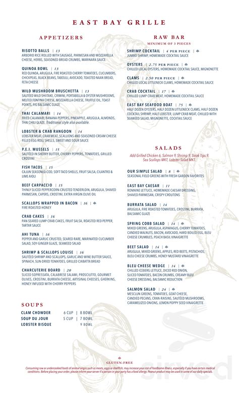 View the menu for East Bay Grille in Plymouth, MA 02360. View menu, hours, reviews, phone number, and the latest updates for our American (New) American (Traditional) Seafood restaurant located at 173 Water St.