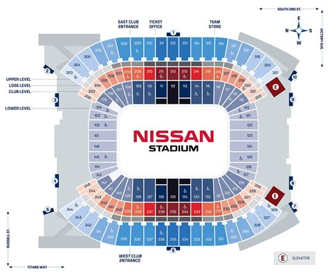 The Club Level at Nissan Stadium includes all 200 level seats. These are also known as the "red seats" and can be easily identified among a wave of blue stadium seats. ... For Titans games, gates open two hours prior to kickoff and club ticketholders can enter through the East and West Stadium Club entrances. The club lounge is a popular pre .... 
