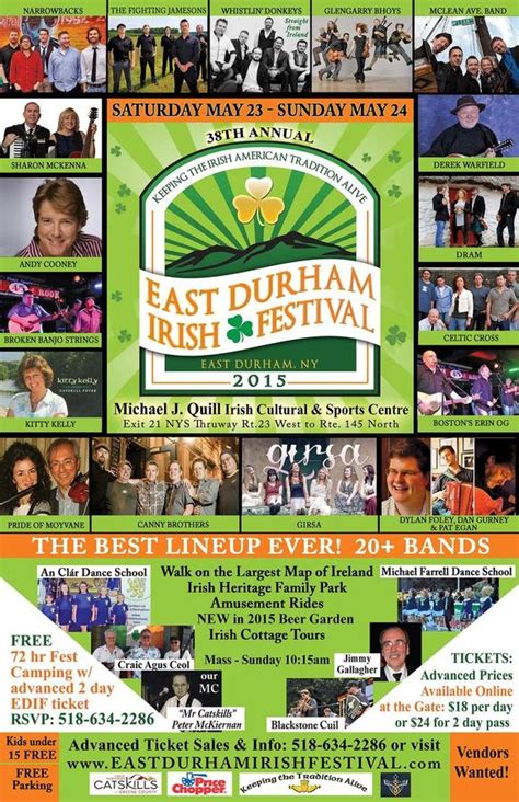 A week-long celebration for all ages with workshops in music, song, dance, language and crafts amidst a genuine Irish village – East Durham, NY. Admission: $450 - $1000. Days/­Hours Open: All Days 10am-4pm. Address: 2267 Ny-145, East Durham, NY 12423. Entertainment: Roving Performers - I,N,R,L Entertainment: ET FK SP Variety WL.. 