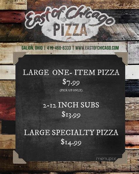East of Chicago Pizza. 759 Carter Dr. Galion OH Phone: 419-468-8333 | Fax: today's ordering times: not available. 