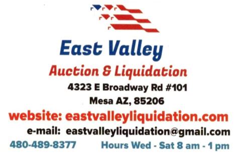 East Valley Auction & Liquidation also reserves the right to postpone, extend, or cancel any auction, bid, or items in auction at any time without prior notice. If a lot is offered subject to a reserve, we may implement such reserve by bidding on behalf of the consignor, whether by opening bidding or continuing bidding in response to other .... 
