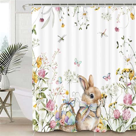 Easter Shower Curtain Spring Bunny Shower Curtains with 12 …