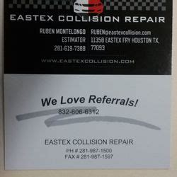 Eastex collision repair. The outlet business name is EASTEX COLLISION REPAIR, and the registered location is 11358 Eastex Fwy, Houston, TX 77093-2133, in the county of Harris. The permit start date is on February 16, 2012. The business is a sales tax permit holder and franchise tax permit holder. 