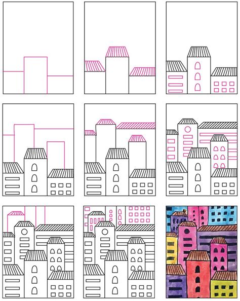 Easy How to Draw Buildings Tutorial Video and Coloring Page