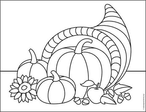 Easy How to Draw a Cornucopia Tutorial and Cornucopia Coloring Page