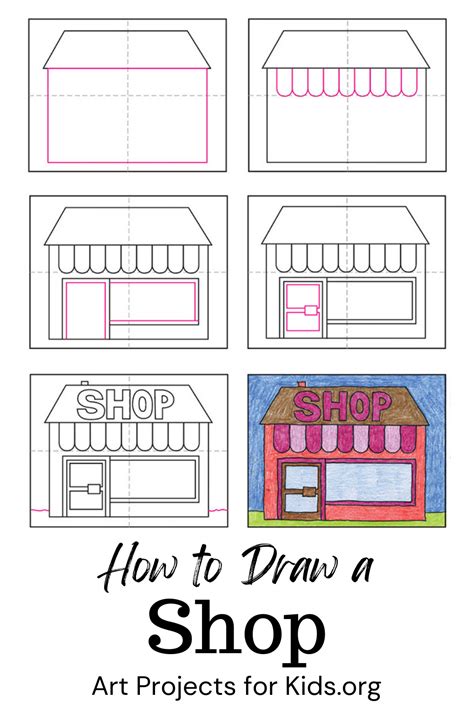 Easy How to Draw a Shop Tutorial and Shop Coloring Page