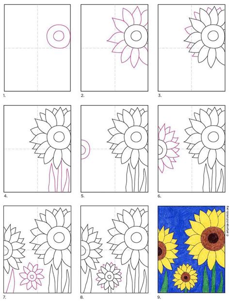 Easy How to Draw a Sunflower Tutorial and Sunflower Drawing Coloring
