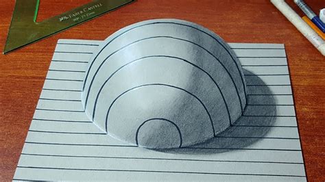 Easy Trick Art How to draw 3D Dome on Line Paper 3D Illusion