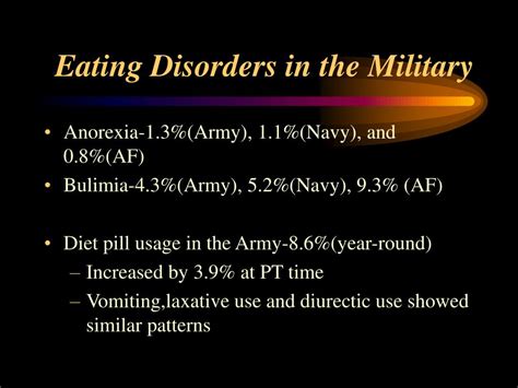 Feb 18, 2020 · Prevalence of Eating Disorders in Veterans . Gender Differences. Increased Risk. Overall, military service could increase the risk of developing an eating disorder, due to potential exposure to trauma and the need to meet physical fitness and weight requirements. Service Connection for Eating Disorders . 