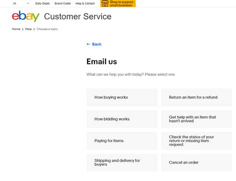 Find out how to contact eBay Customer Service by phone, chat, or email. You can also browse the Help articles for answers to common questions and issues.. 